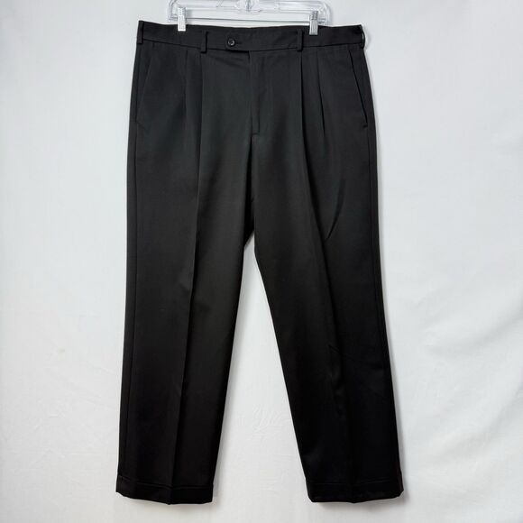 Vintage Perry Ellis Black Dress Pants Mens 38x30 Pleated Cuffed - Picture 1 of 16
